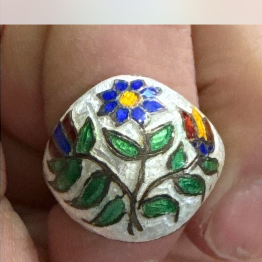 Vintage Floral Enamel Ring with Blue and Green Accents Stearling Size 7 boho